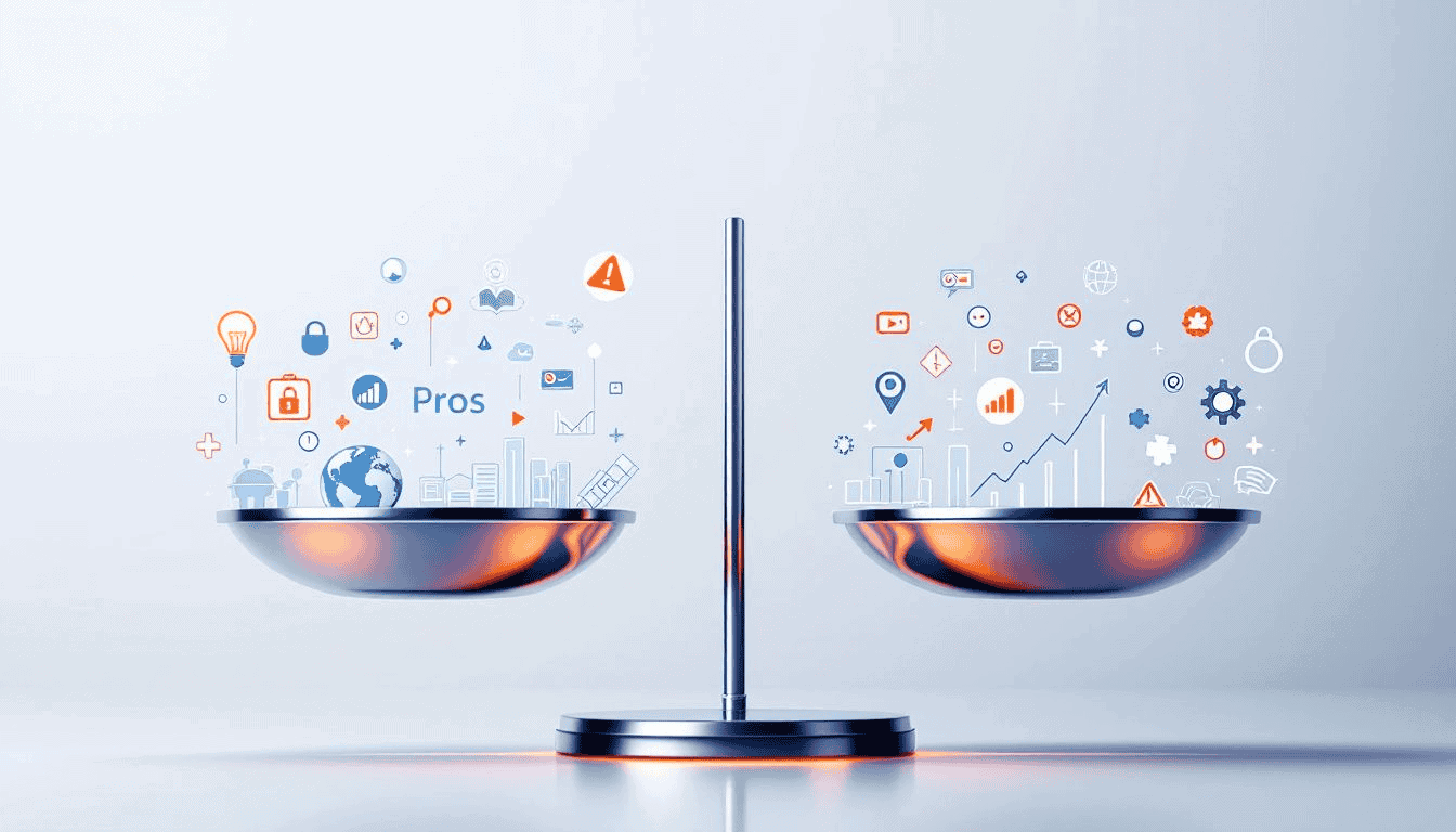 Pros and cons of using adcreative. Ai illustrated with a balanced scale.