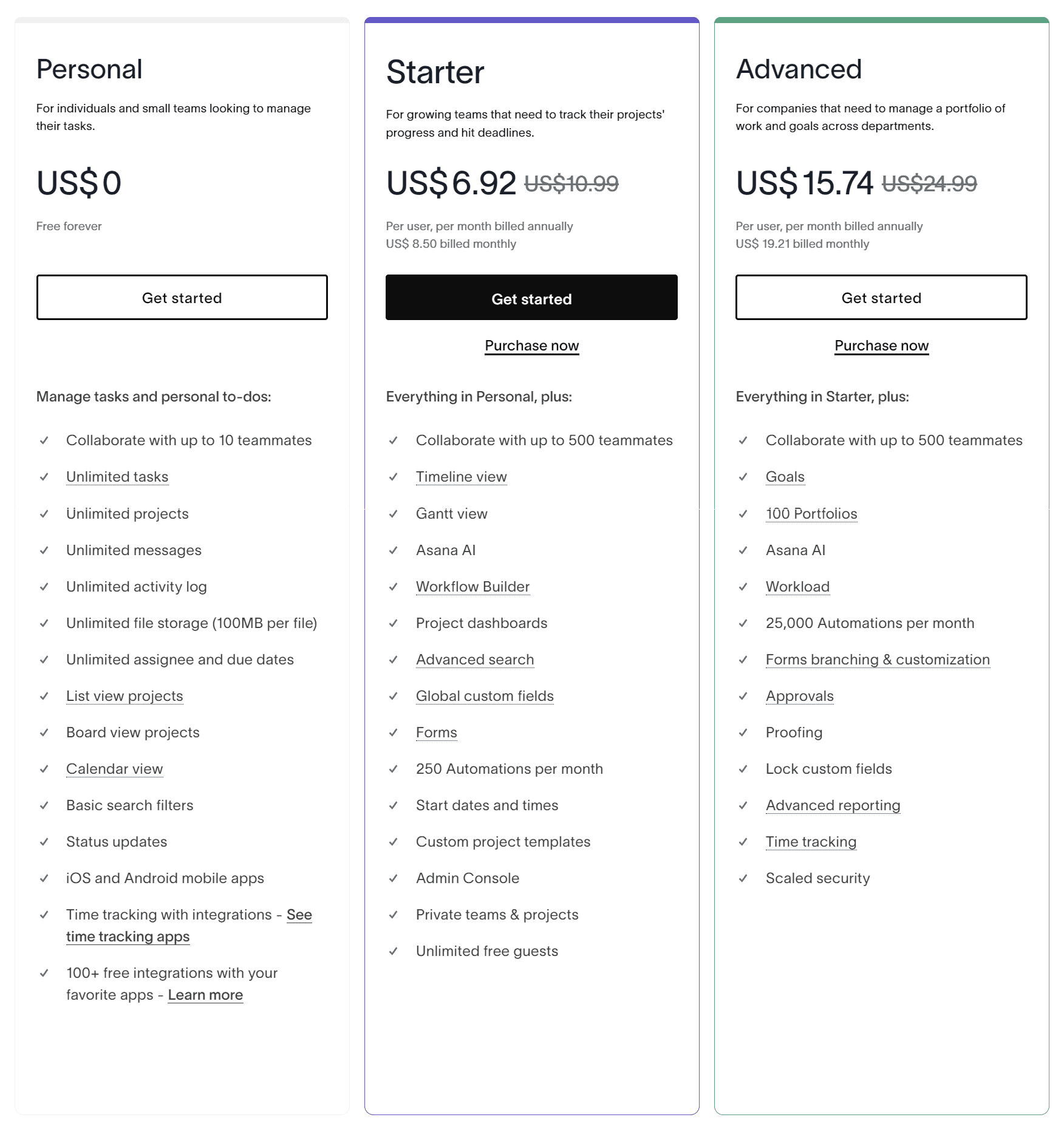 Asana pricing plans