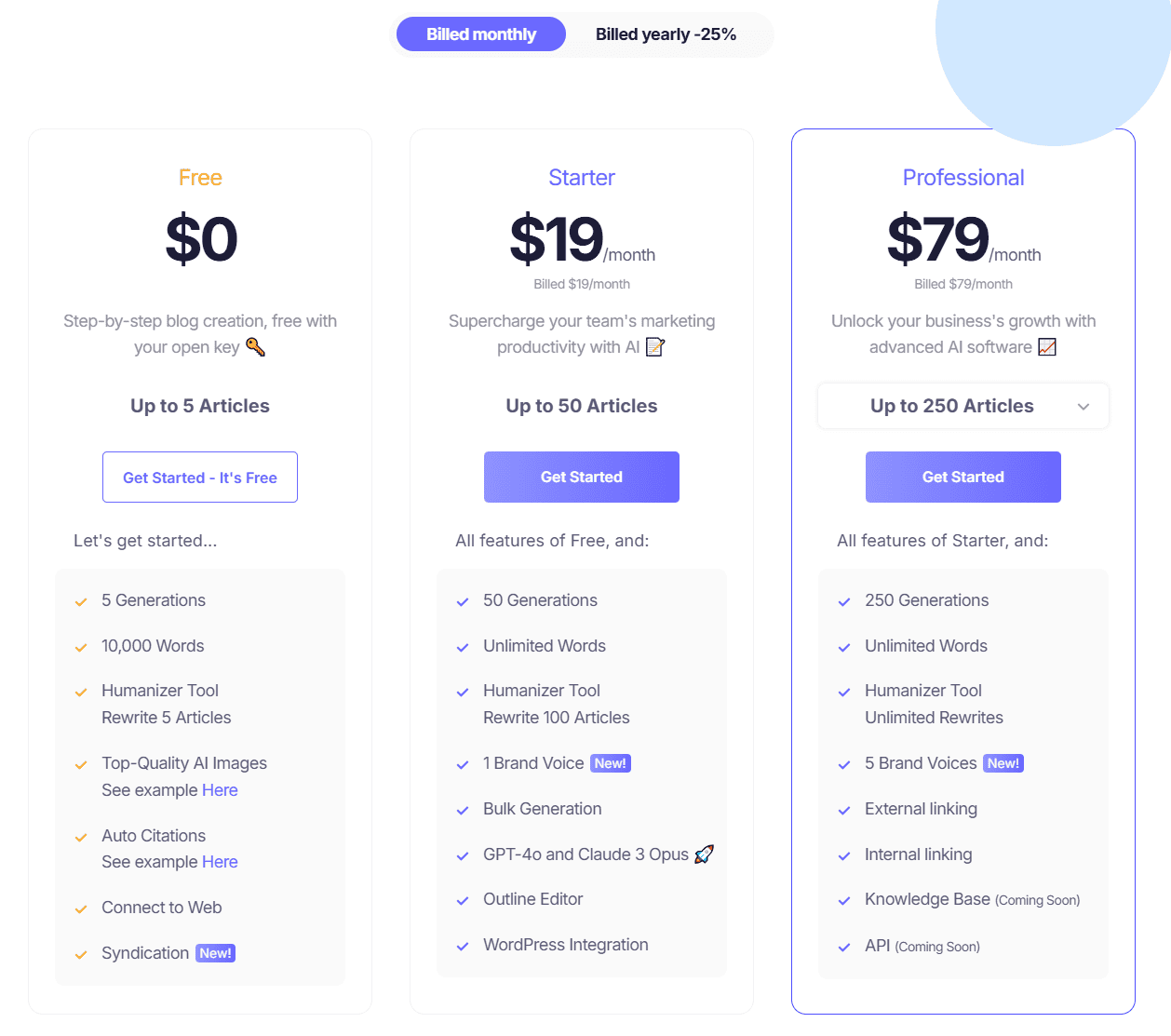 Pricing plans and options