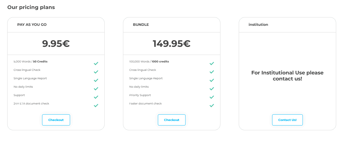 Pricing plans of crossplag ai content detector