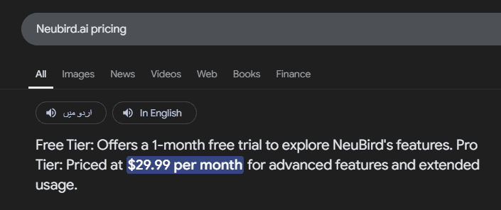 Pricing plans of neubird. Ai