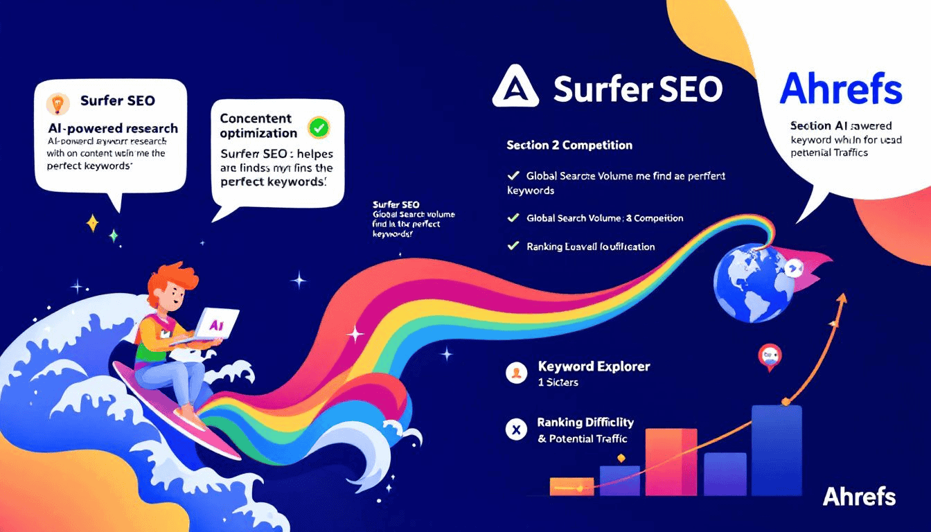 An overview of key features of surfer seo and ahrefs, focusing on their keyword research tools.